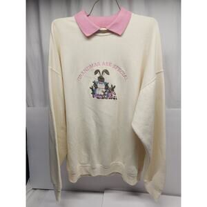 Womens Sweatshirt Pink White XL Long Sleeve, Bunny Rabbits, Grandma Style
